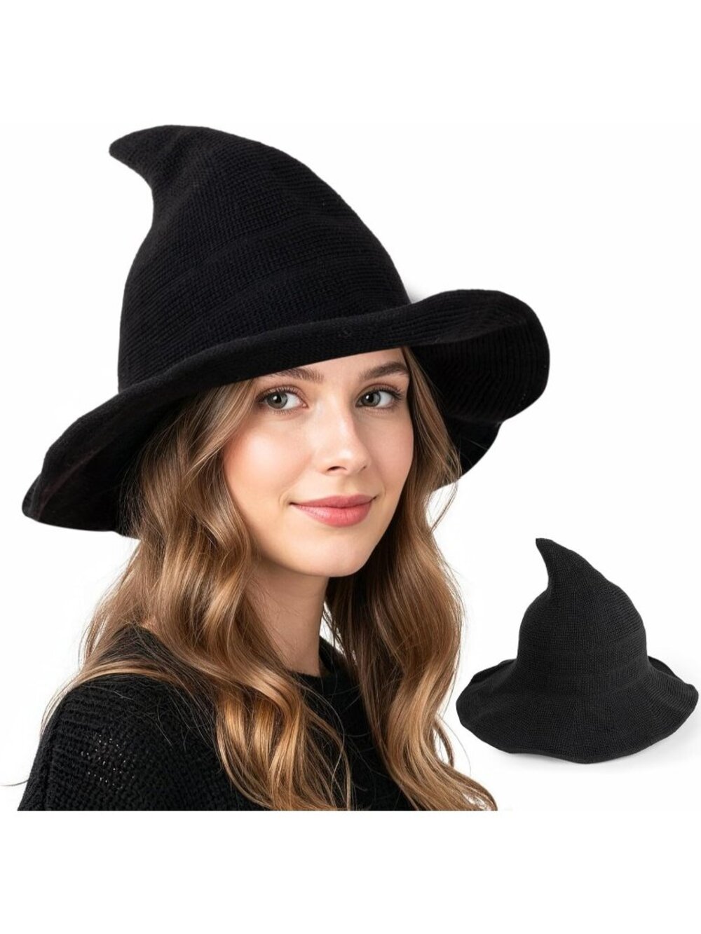 🎃Women's Black Halloween Knit Witch Hat Chapeau Sorcière Femme Cosplay Costume